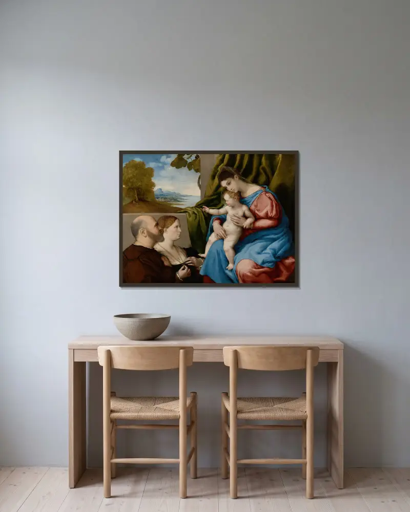 Madonna and Child with Two Donors av Lorenzo Lotto inramad på en vägg