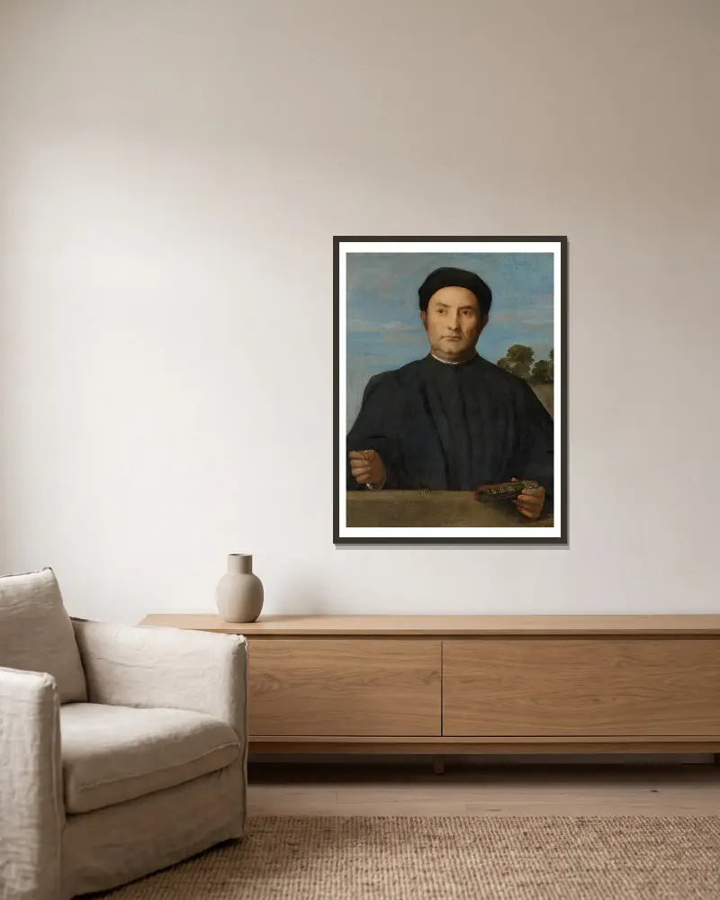 Porträtt av en juvelerare, troligen Giovanni Pietro Crivelli av Lorenzo Lotto inramad på en vägg