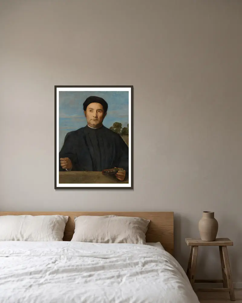 Porträtt av en juvelerare, troligen Giovanni Pietro Crivelli av Lorenzo Lotto inramad på en vägg