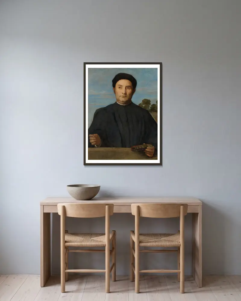 Porträtt av en juvelerare, troligen Giovanni Pietro Crivelli av Lorenzo Lotto inramad på en vägg