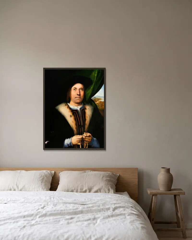 Portrait of a Man with a Rosary av Lorenzo Lotto inramad på en vägg