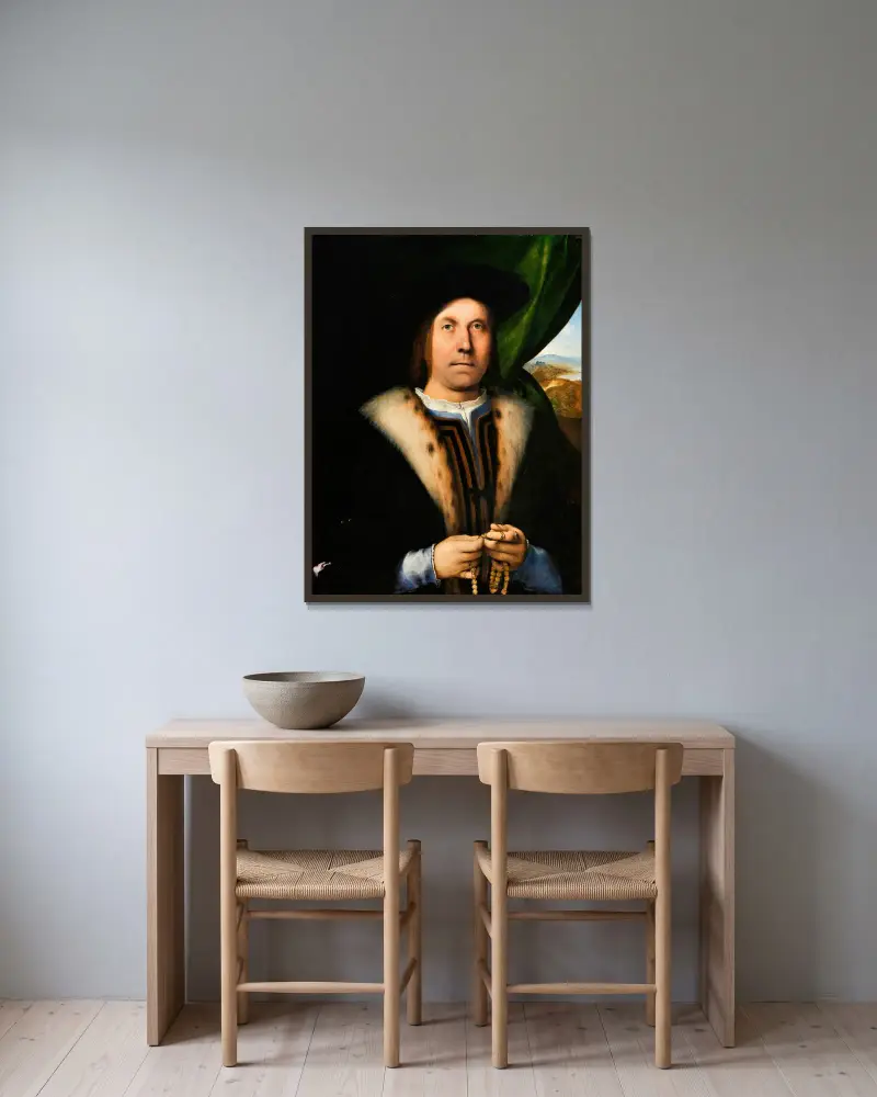 Portrait of a Man with a Rosary av Lorenzo Lotto inramad på en vägg