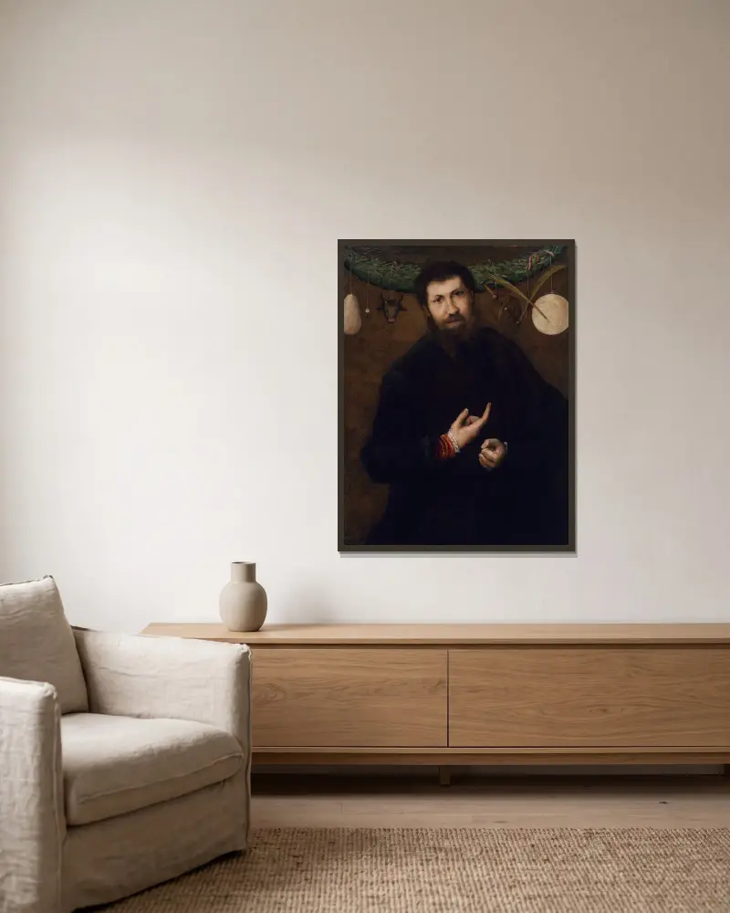 Portrait of a Man with Allegorical Symbols av Lorenzo Lotto inramad på en vägg