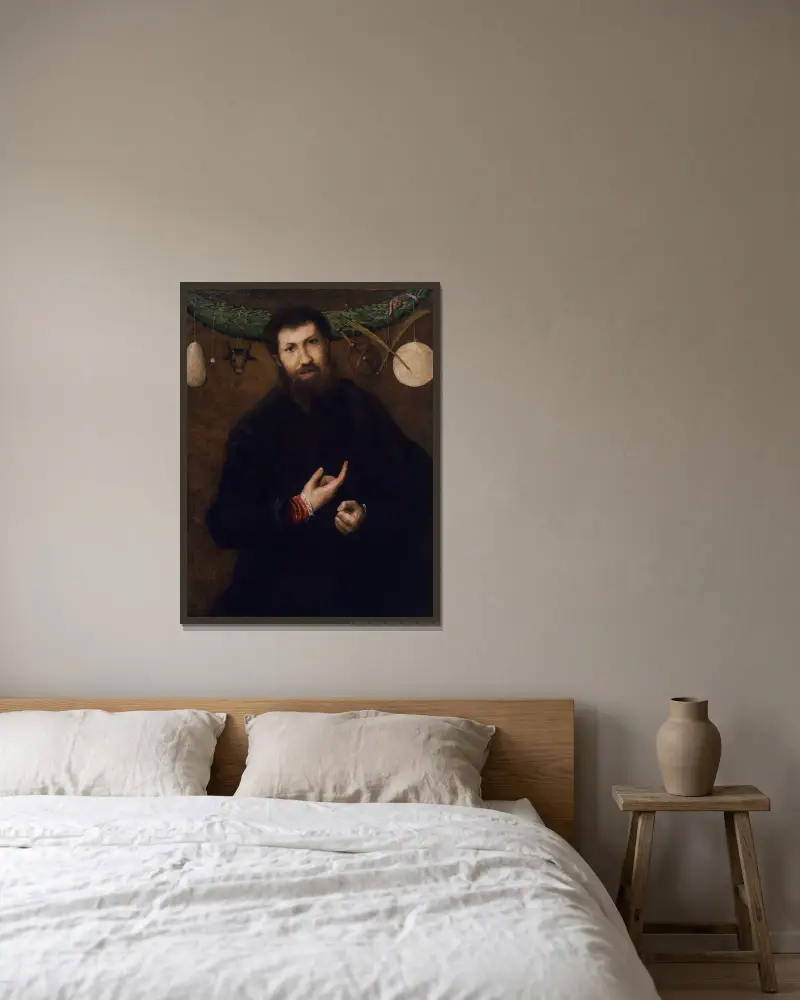 Portrait of a Man with Allegorical Symbols av Lorenzo Lotto inramad på en vägg