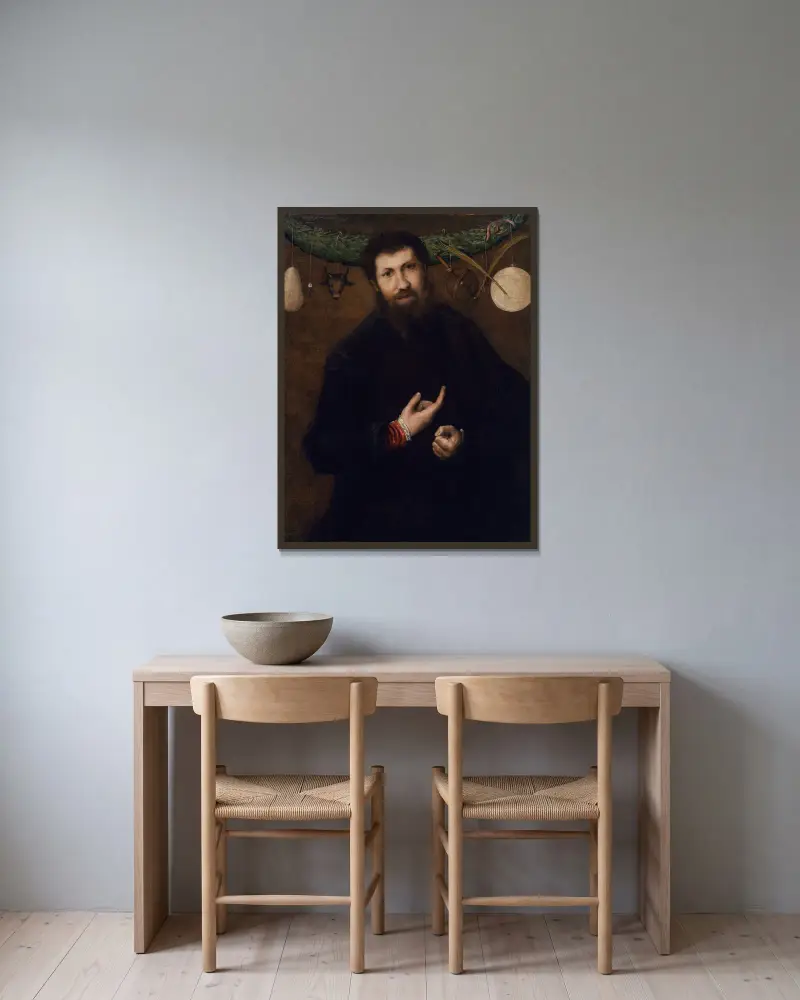 Portrait of a Man with Allegorical Symbols av Lorenzo Lotto inramad på en vägg
