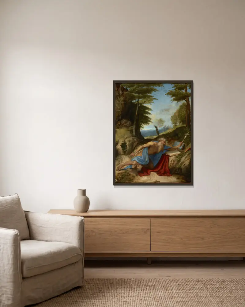 Święty Hieronim pokutujący, Lorenzo Lotto w ramie na ścianie