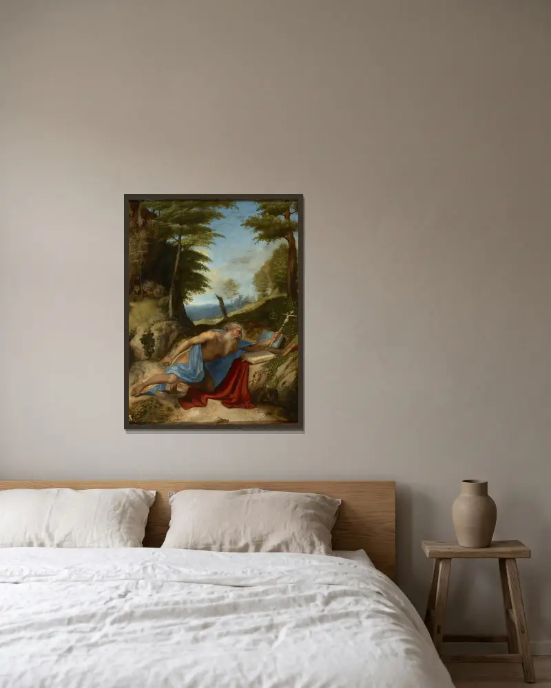 Święty Hieronim pokutujący, Lorenzo Lotto w ramie na ścianie