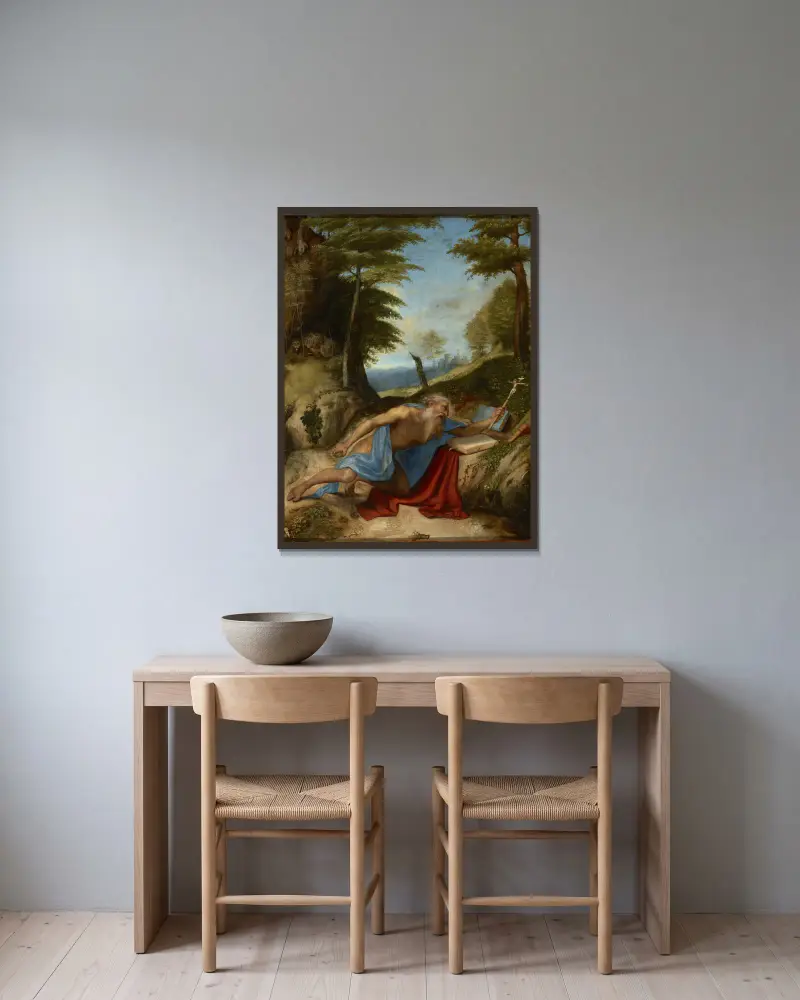 Święty Hieronim pokutujący, Lorenzo Lotto w ramie na ścianie