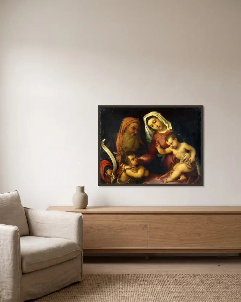Jungfru Maria med barnet och helgonen Sakarias och Johannes Döparen av Lorenzo Lotto inramad på en vägg