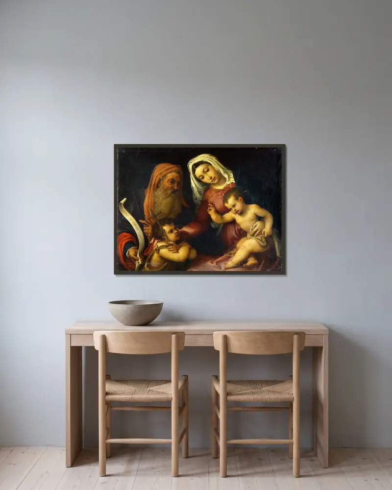 Jungfru Maria med barnet och helgonen Sakarias och Johannes Döparen av Lorenzo Lotto inramad på en vägg