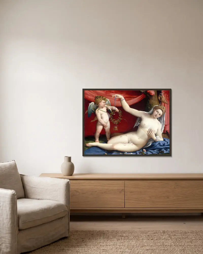 Venus and Cupid av Lorenzo Lotto inramad på en vägg
