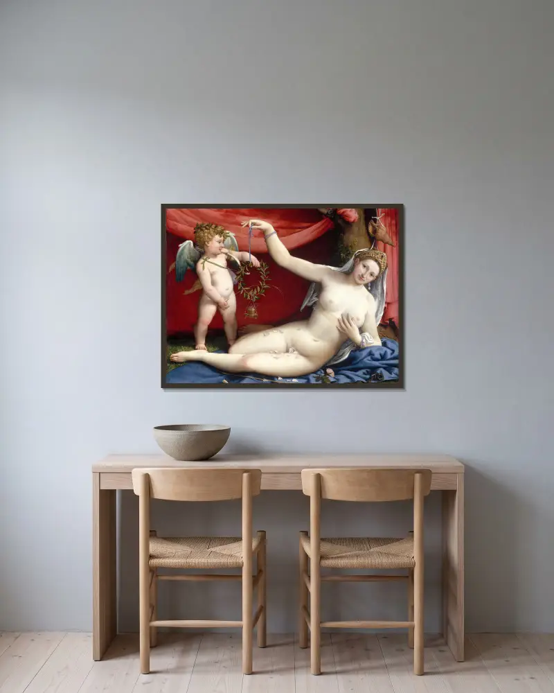 Venus and Cupid av Lorenzo Lotto inramad på en vägg