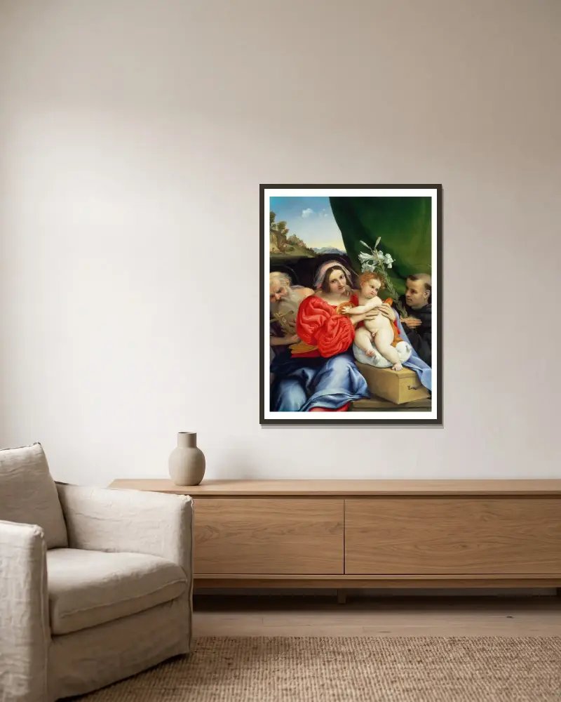 Virgin and Child with Saints Jerome and Nicholas of Tolentino av Lorenzo Lotto inramad på en vägg