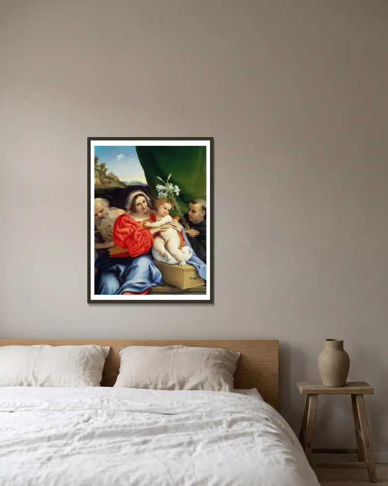 Virgin and Child with Saints Jerome and Nicholas of Tolentino av Lorenzo Lotto inramad på en vägg