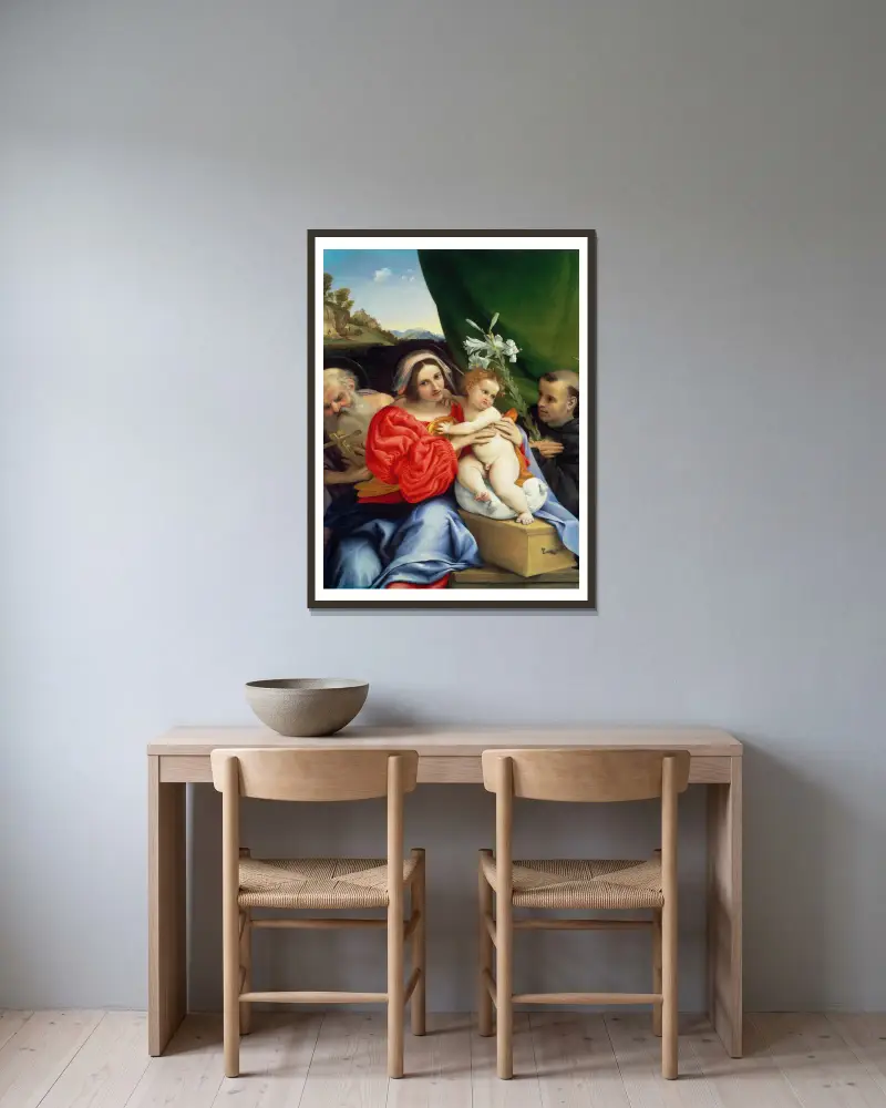 Virgin and Child with Saints Jerome and Nicholas of Tolentino av Lorenzo Lotto inramad på en vägg