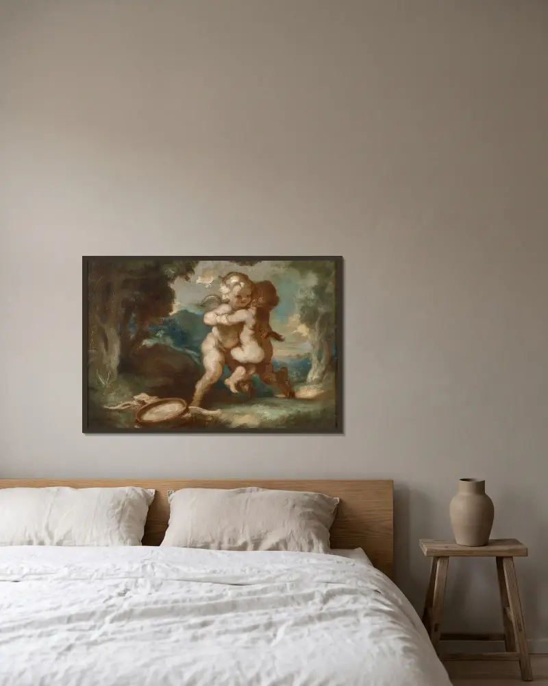 Amour ailé lutinant avec jeune faune av Louis Anquetin inramad på en vägg