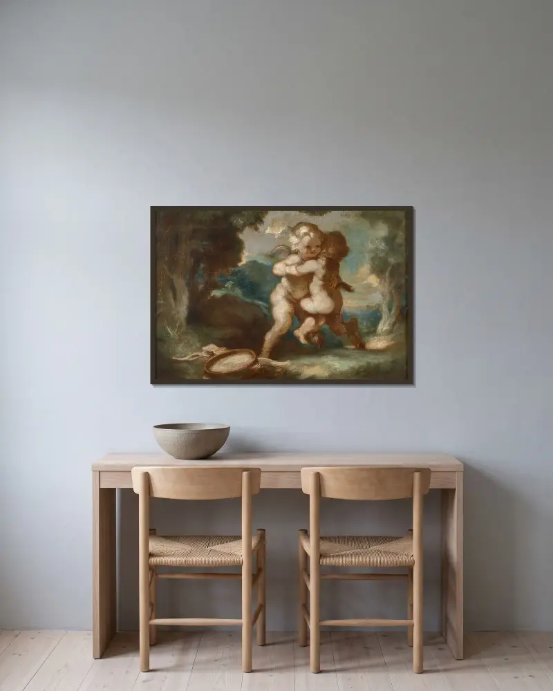 Amour ailé lutinant avec jeune faune av Louis Anquetin inramad på en vägg