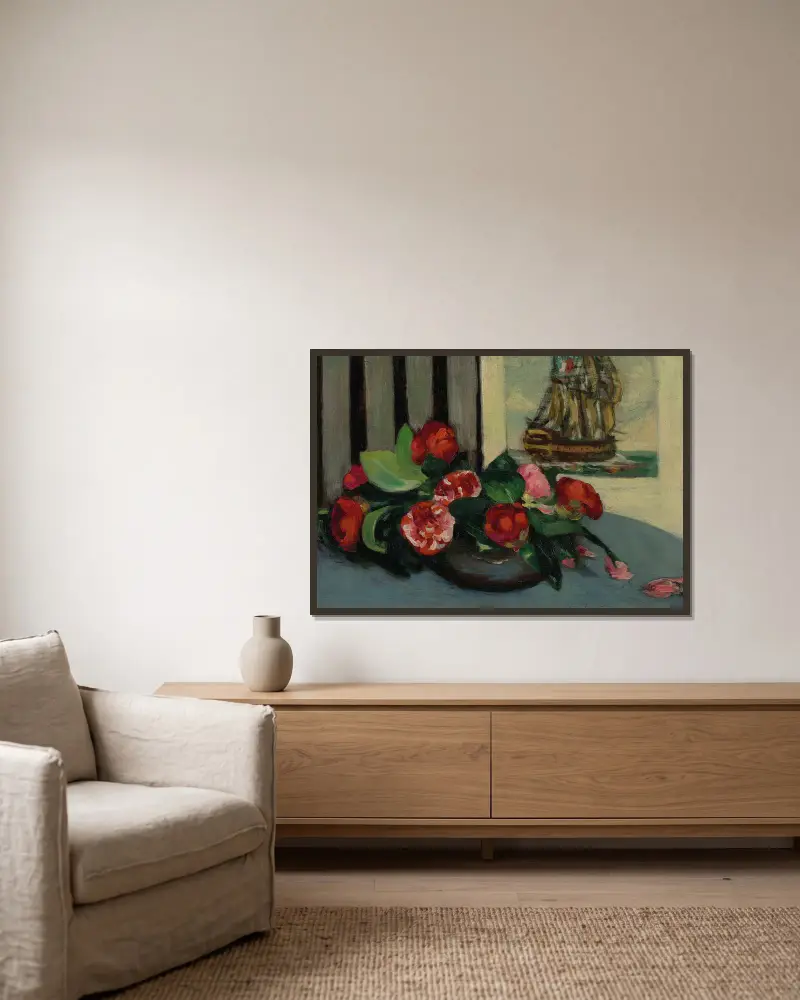 Nature morte aux camélias av Louis Anquetin inramad på en vägg