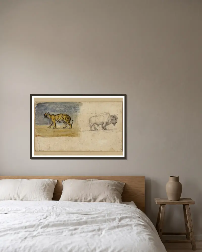Etude d’un tigre et d’un bison av Antoine-Louis Barye inramad på en vägg