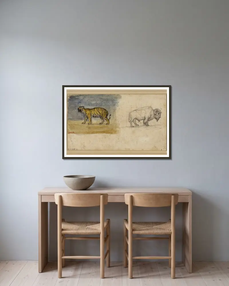 Etude d’un tigre et d’un bison av Antoine-Louis Barye inramad på en vägg