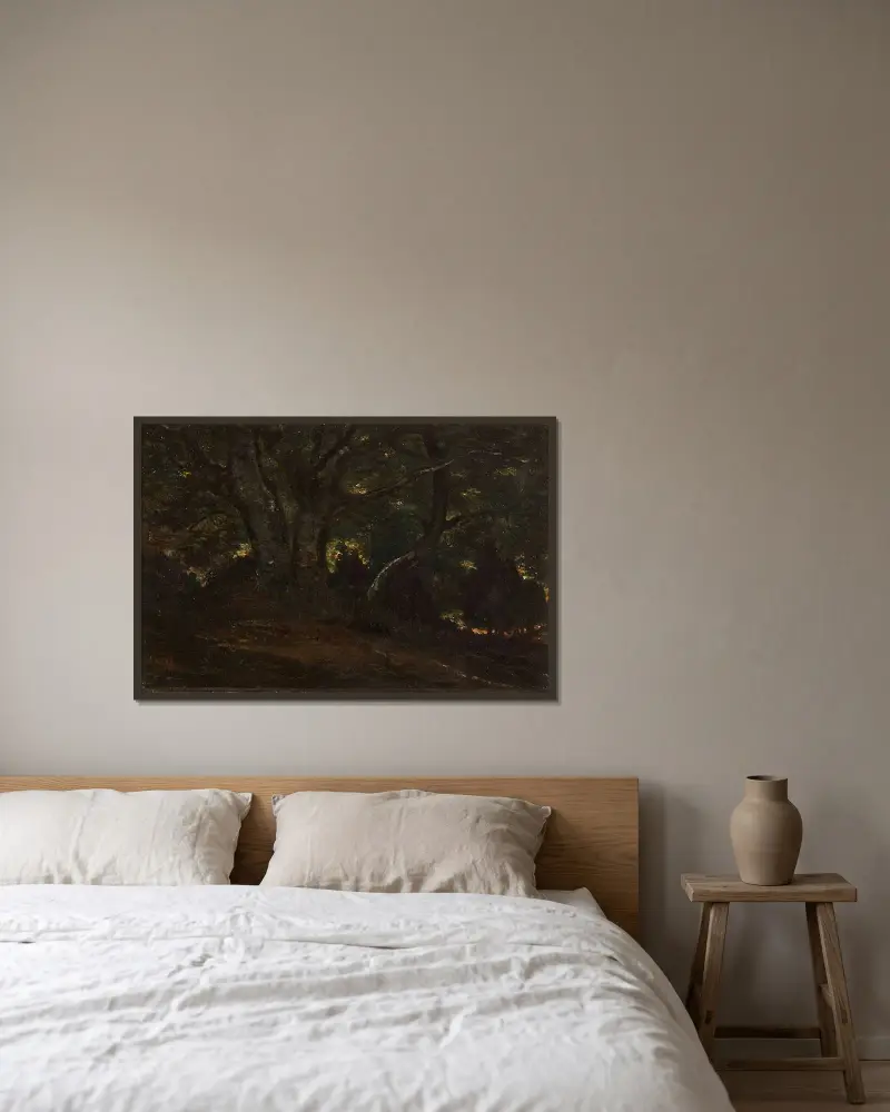 Skogsinteriör från Fontainebleauskogen av Antoine-Louis Barye inramad på en vägg