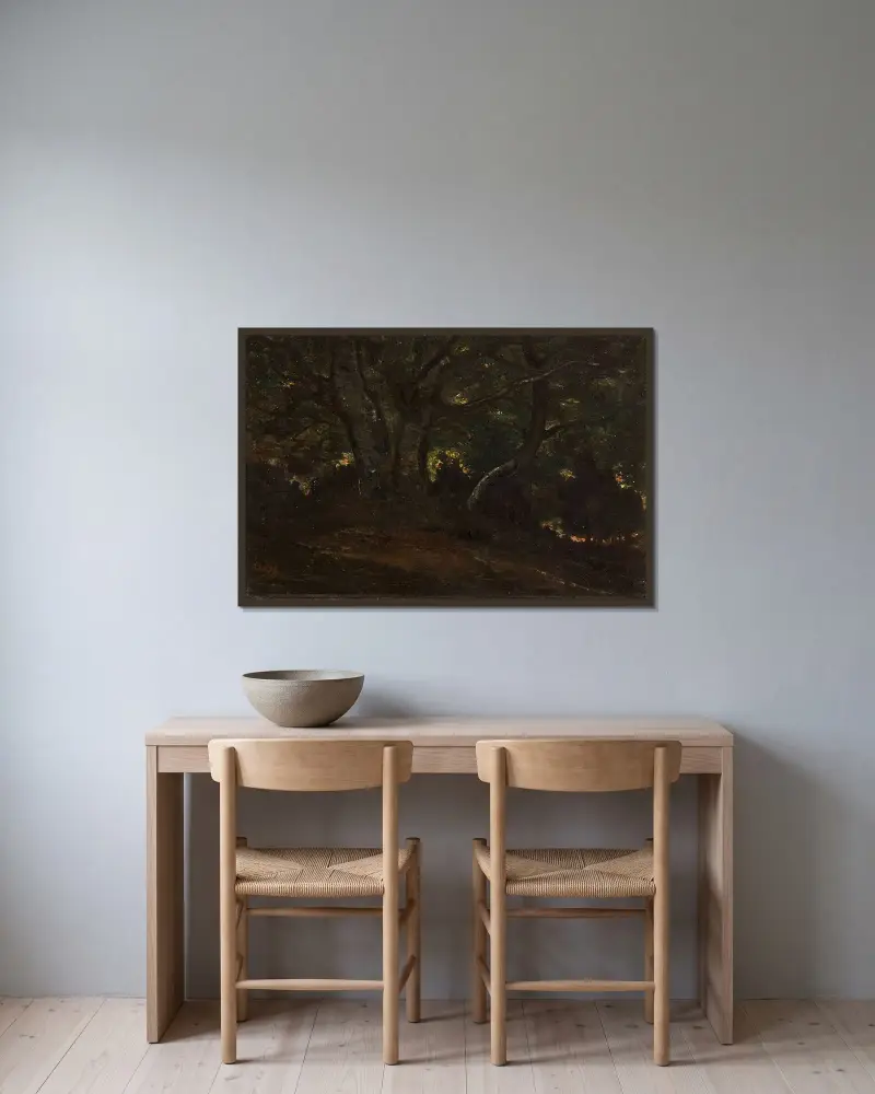Skogsinteriör från Fontainebleauskogen av Antoine-Louis Barye inramad på en vägg