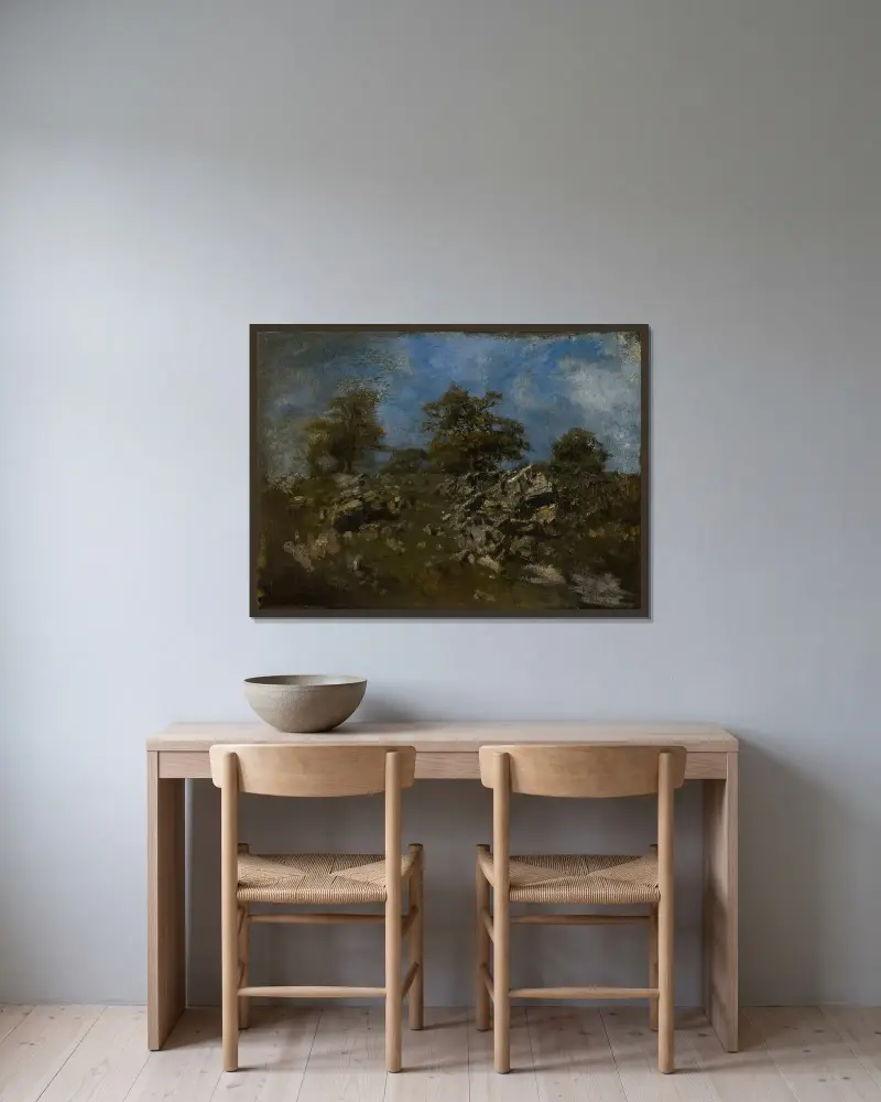 Landskap med klippa av Antoine-Louis Barye inramad på en vägg
