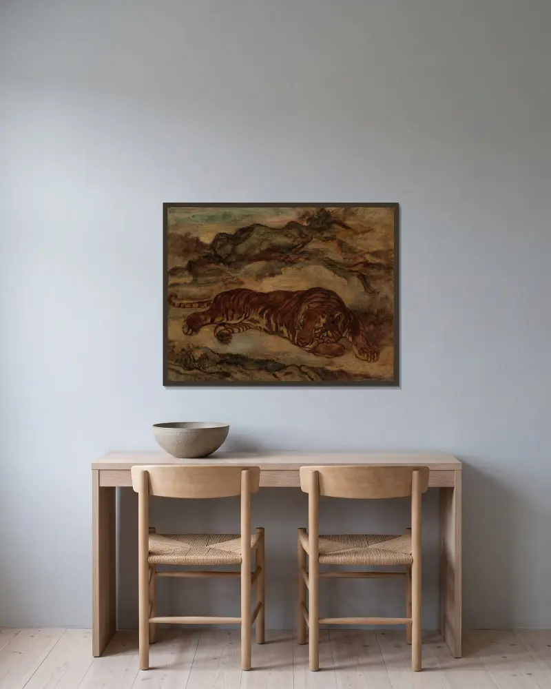 Tiger i vila av Antoine-Louis Barye inramad på en vägg