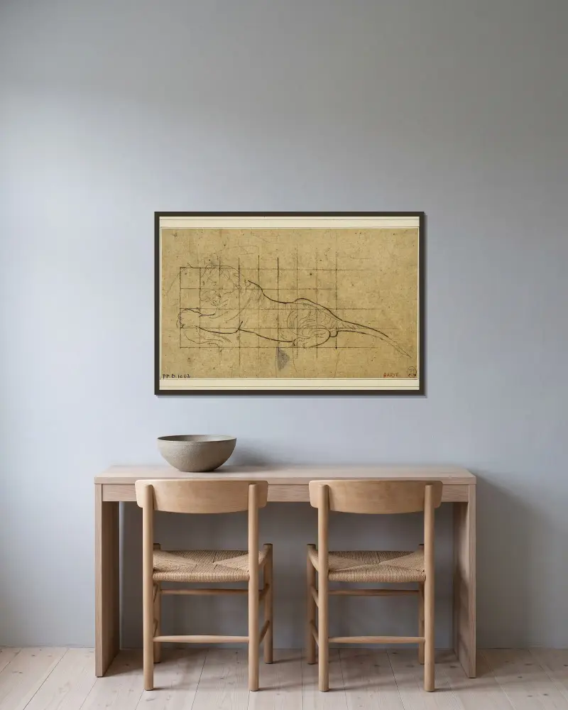 Liegender Tiger nach links von Antoine-Louis Barye gerahmt an einer Wand
