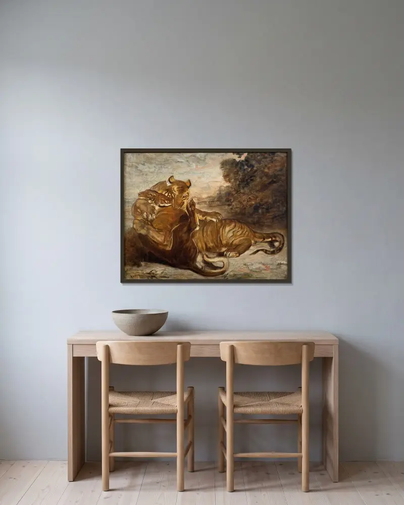 Två tigrar i lek av Antoine-Louis Barye inramad på en vägg