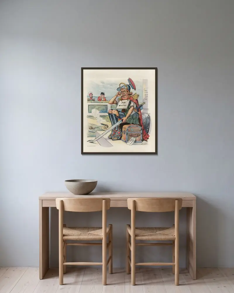 Ein enttäuschter Gott; er schreit nach mehr von Louis Dalrymple gerahmt an einer Wand