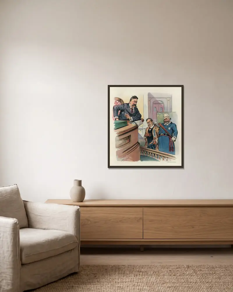 Ein neues Verbrechen von Louis Dalrymple gerahmt an einer Wand