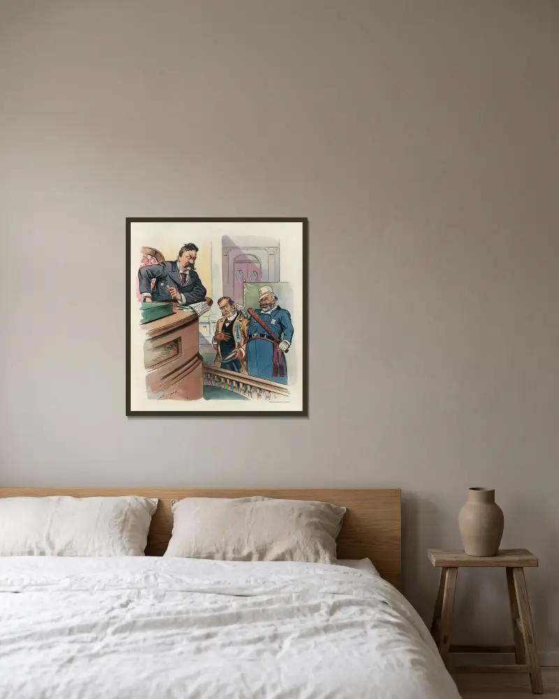 Ein neues Verbrechen von Louis Dalrymple gerahmt an einer Wand