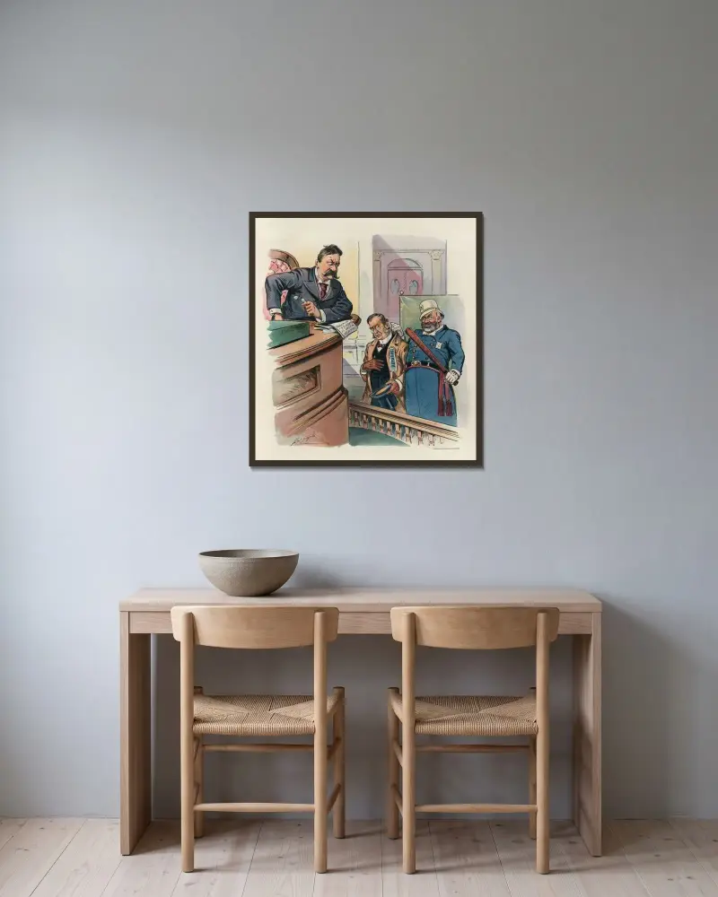 Ein neues Verbrechen von Louis Dalrymple gerahmt an einer Wand