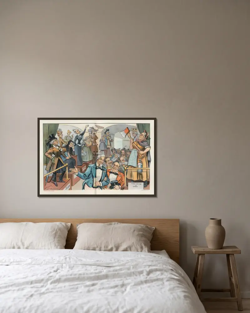 Ein Vorschlag für die Buffalo-Ausstellung; – Lasst uns eine Kammer weiblicher Schrecken haben von Louis Dalrymple gerahmt an einer Wand