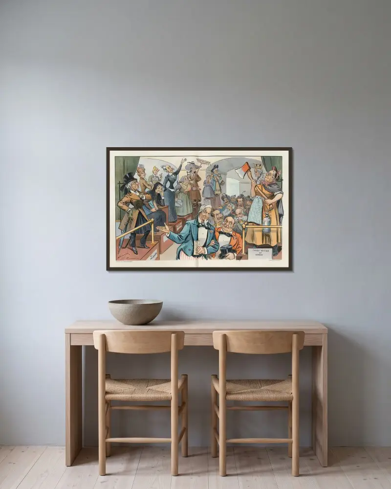 Ein Vorschlag für die Buffalo-Ausstellung; – Lasst uns eine Kammer weiblicher Schrecken haben von Louis Dalrymple gerahmt an einer Wand