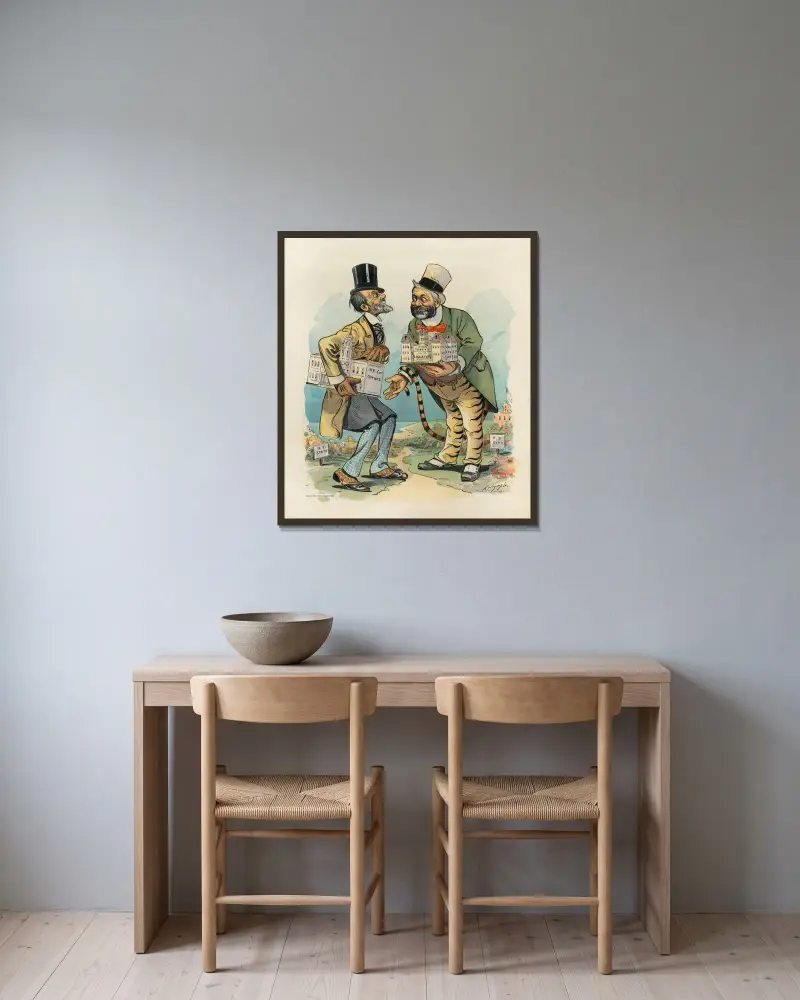 Immer der alte Handel von Louis Dalrymple gerahmt an einer Wand