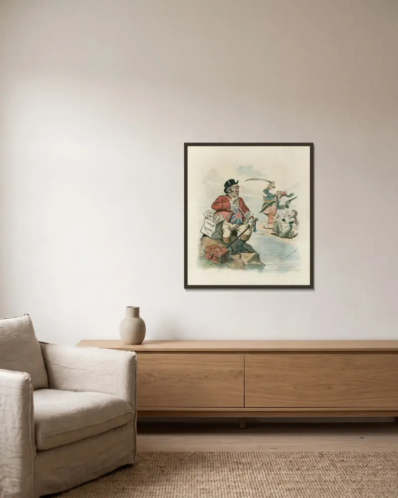 John Bulls Dilemma von Louis Dalrymple gerahmt an einer Wand