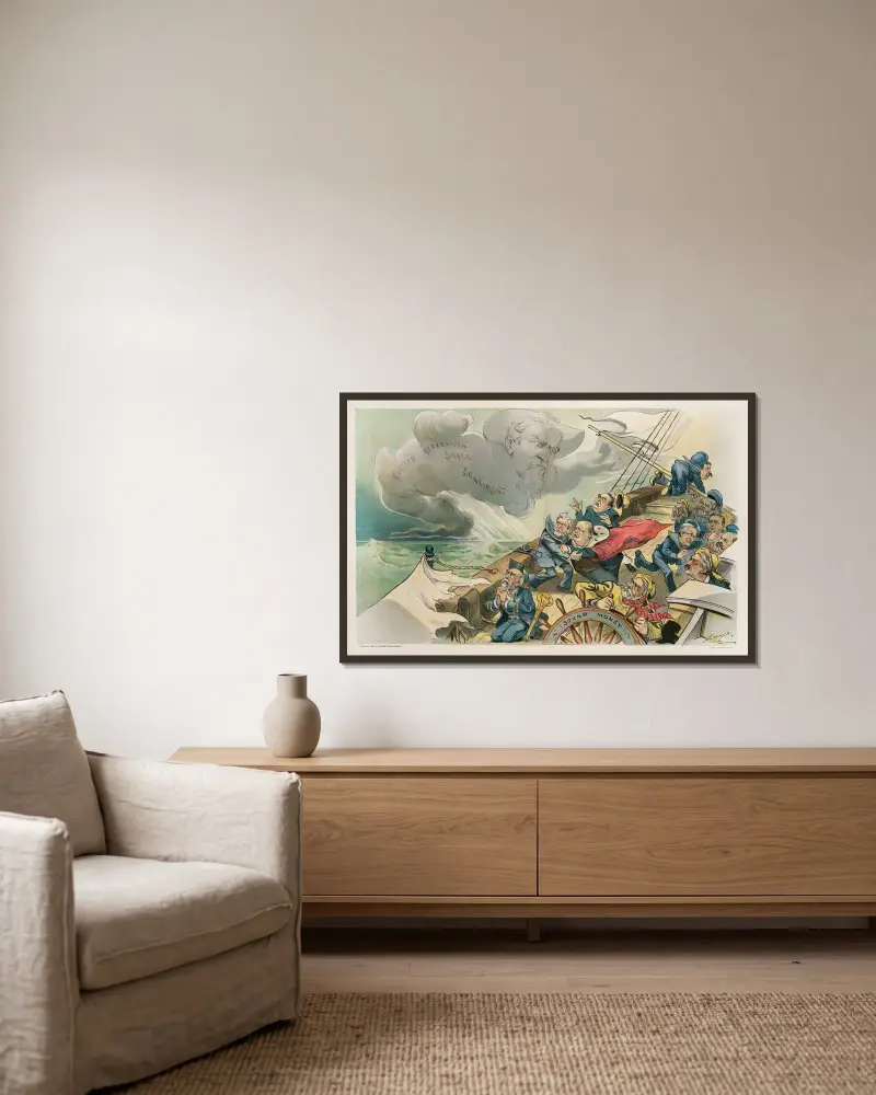 Aus heiterem Himmel kommt ein heftiger Nordwestwind! von Louis Dalrymple gerahmt an einer Wand
