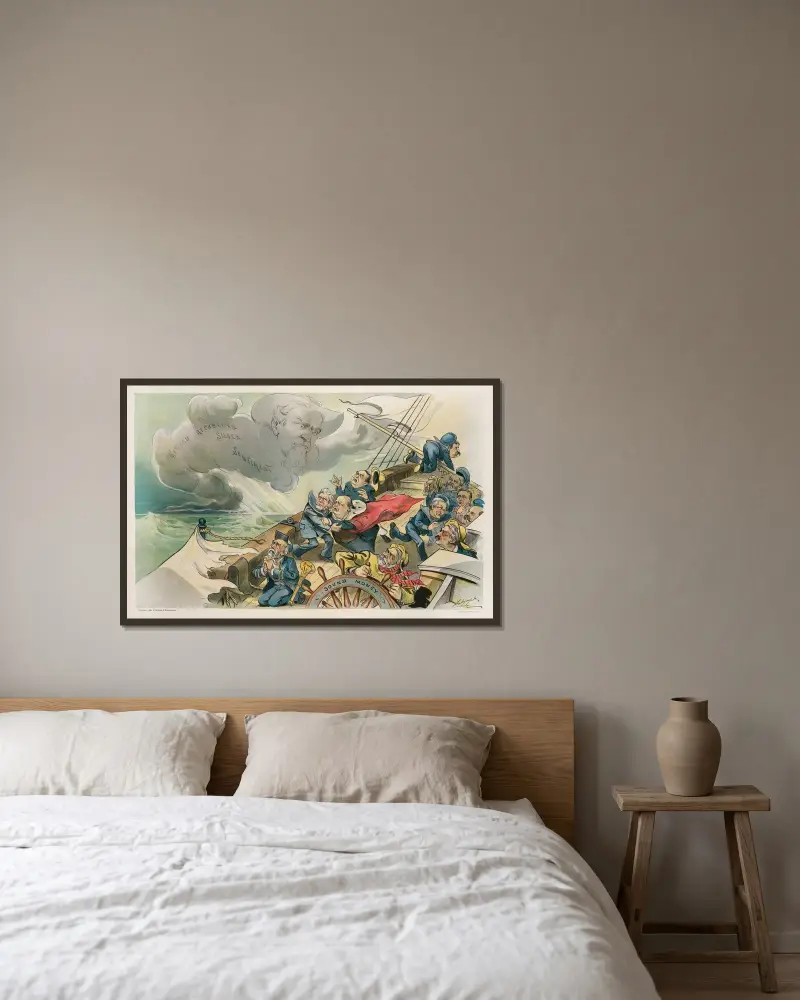 Aus heiterem Himmel kommt ein heftiger Nordwestwind! von Louis Dalrymple gerahmt an einer Wand