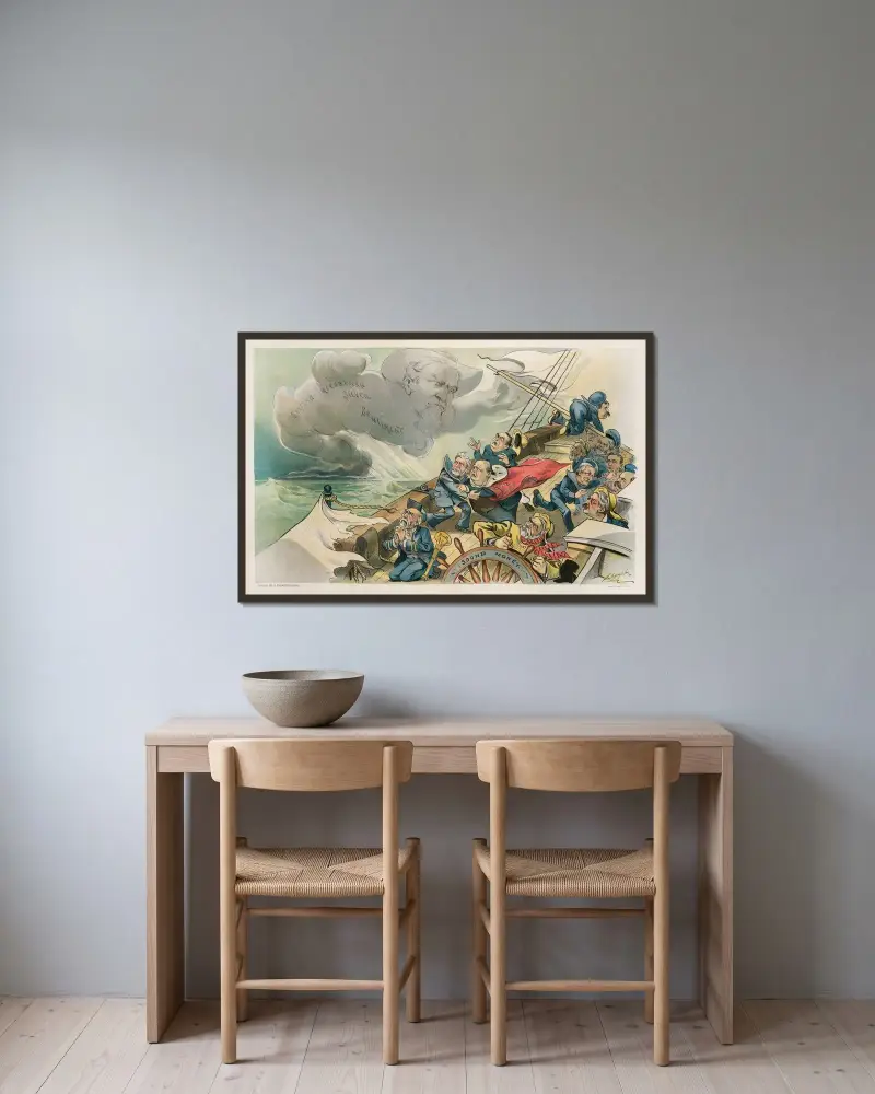 Aus heiterem Himmel kommt ein heftiger Nordwestwind! von Louis Dalrymple gerahmt an einer Wand
