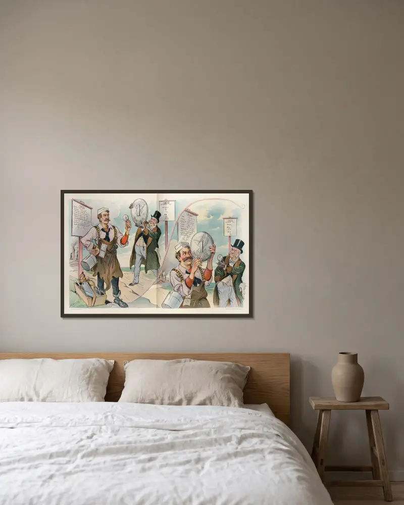 Die Evolution des Dollars von Louis Dalrymple gerahmt an einer Wand