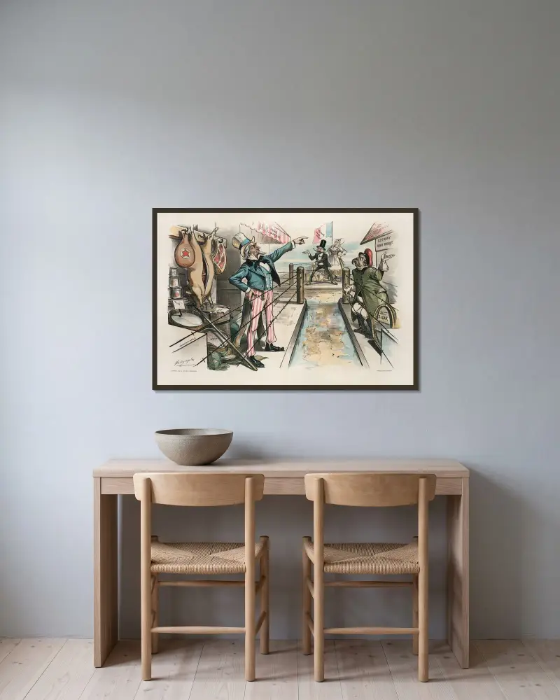 Das große alte Spiel von Wie du mir, so ich dir von Louis Dalrymple gerahmt an einer Wand