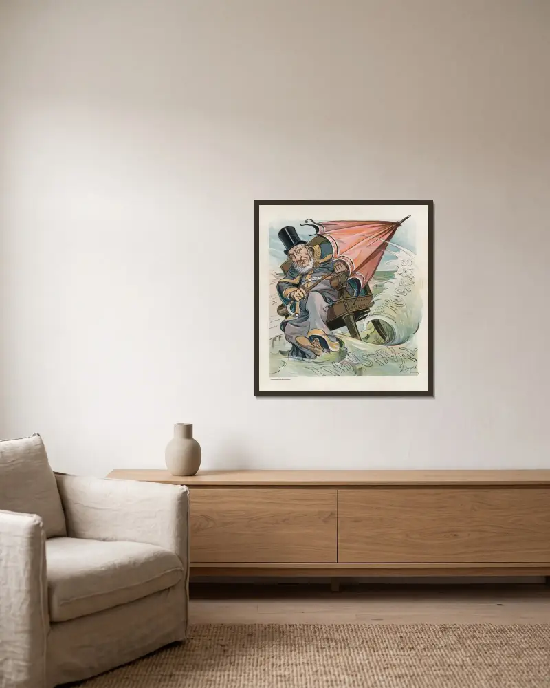 Der moderne König Canute von Louis Dalrymple gerahmt an einer Wand