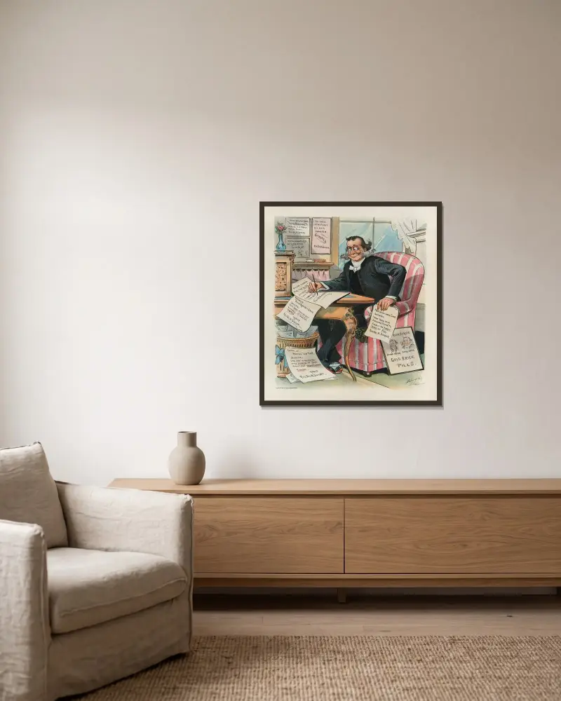 Das neue Arbeitsfeld des modernen Geistlichen von Louis Dalrymple gerahmt an einer Wand