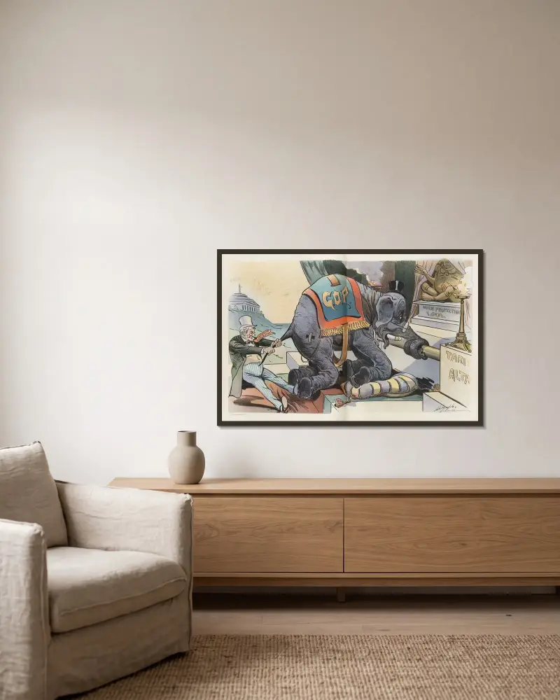 Der Versuch, ihn von seinem Altar und seinem Götzen zu reißen von Louis Dalrymple gerahmt an einer Wand