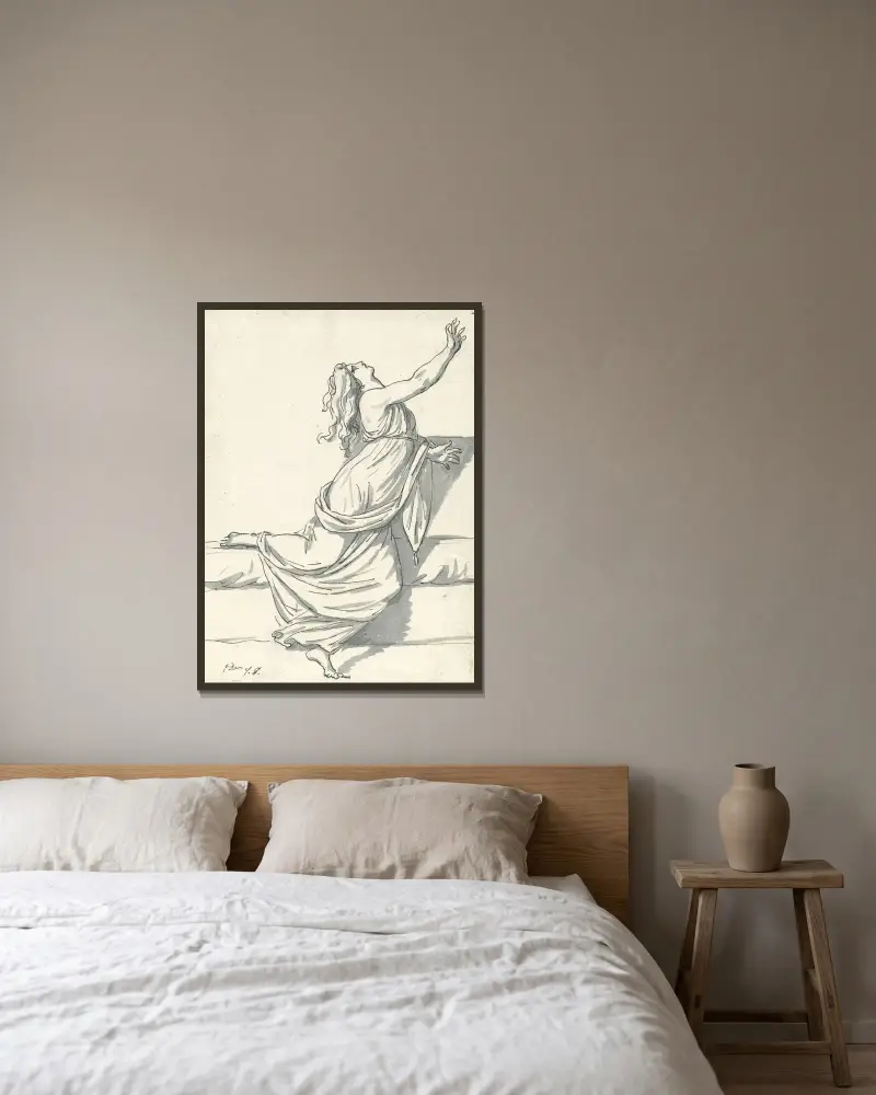 En förtvivlad kvinna med huvudet tillbakakastat av Jacques Louis David inramad på en vägg