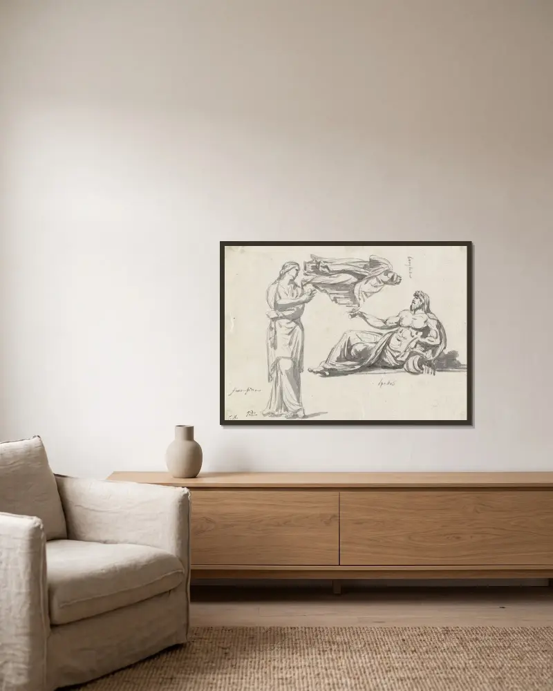 En flodgud och två klassiska skulpturer av Jacques Louis David inramad på en vägg