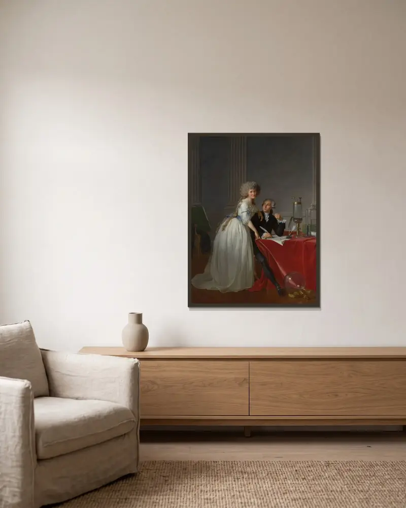 Antoine Laurent Lavoisier (1743–1794) and Marie Anne Lavoisier (Marie Anne Pierrette Paulze, 1758–1836) av Jacques Louis David inramad på en vägg