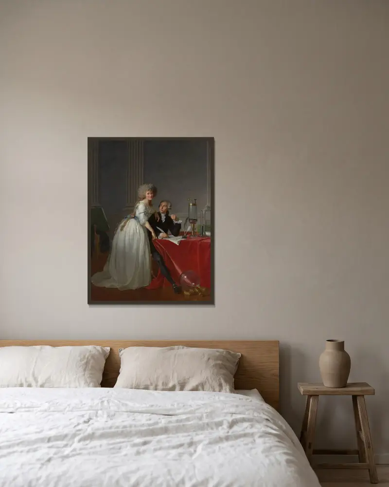 Antoine Laurent Lavoisier (1743–1794) and Marie Anne Lavoisier (Marie Anne Pierrette Paulze, 1758–1836) av Jacques Louis David inramad på en vägg